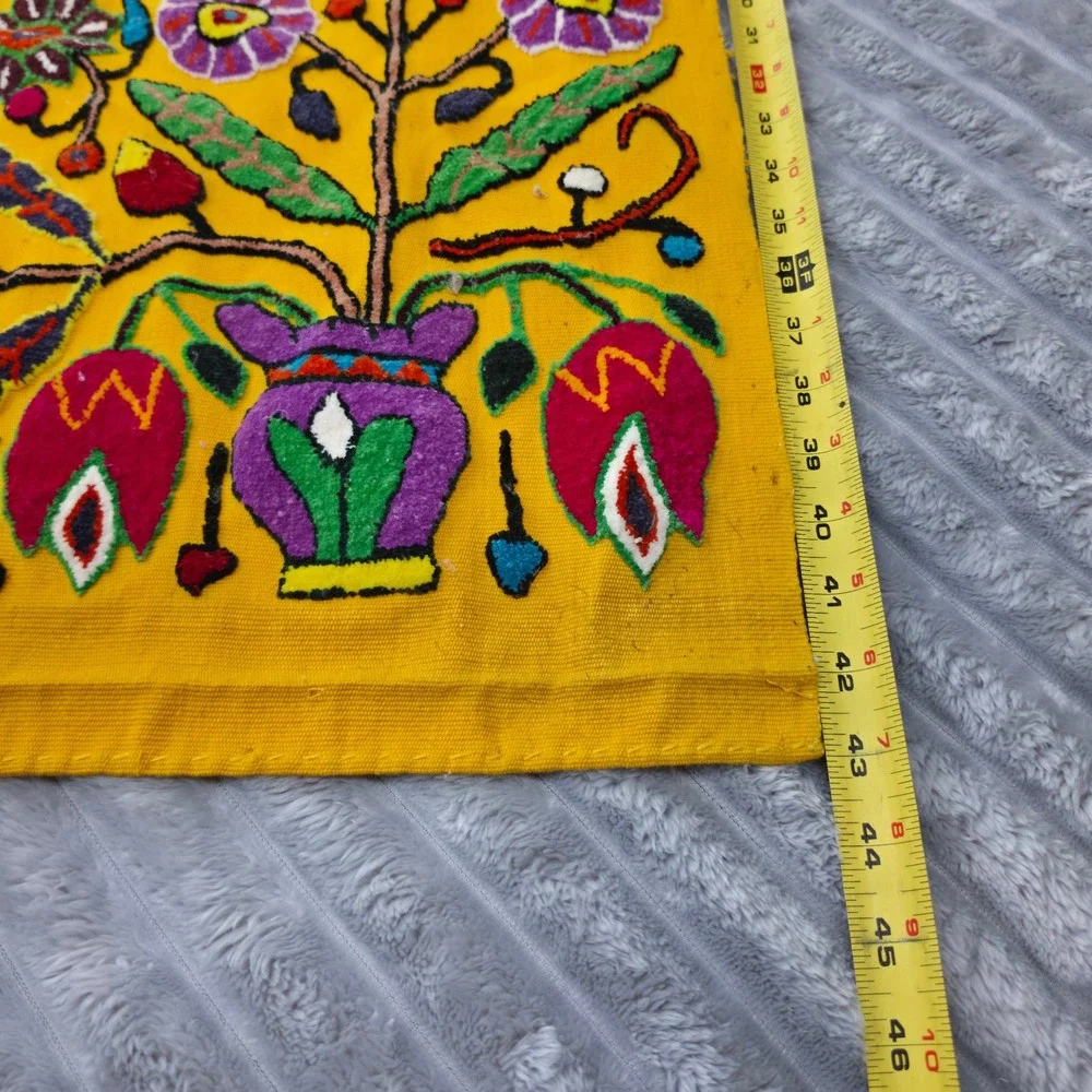 Vintage Mexican Otomi Tenango Hand Embroidered Floral Bird Textile Yellow 43x26